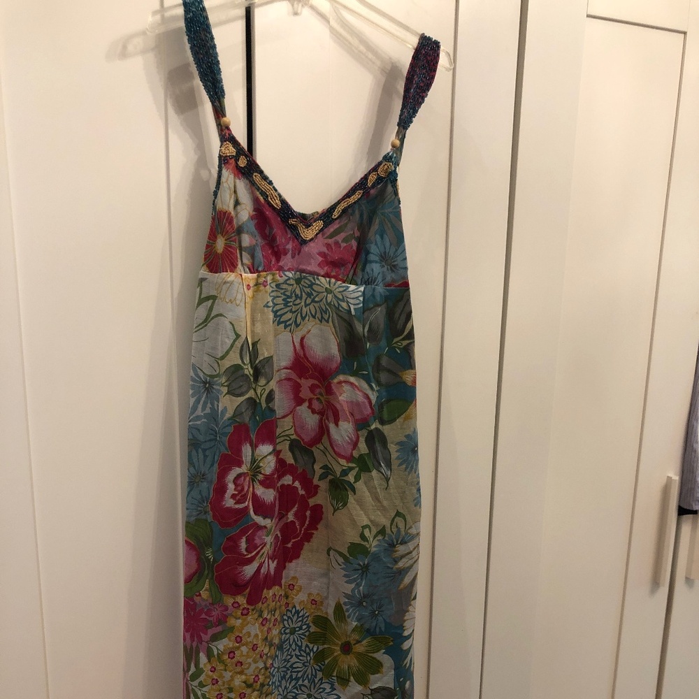 Colourful Teal and Pink Floral Lined Beaded Maxi Dress
